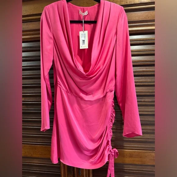 NWT RAMY BROOK Reeta Ruched Long Sleeve Satin Mini Dress Barbie Pink MEDIUM - Picture 3 of 9